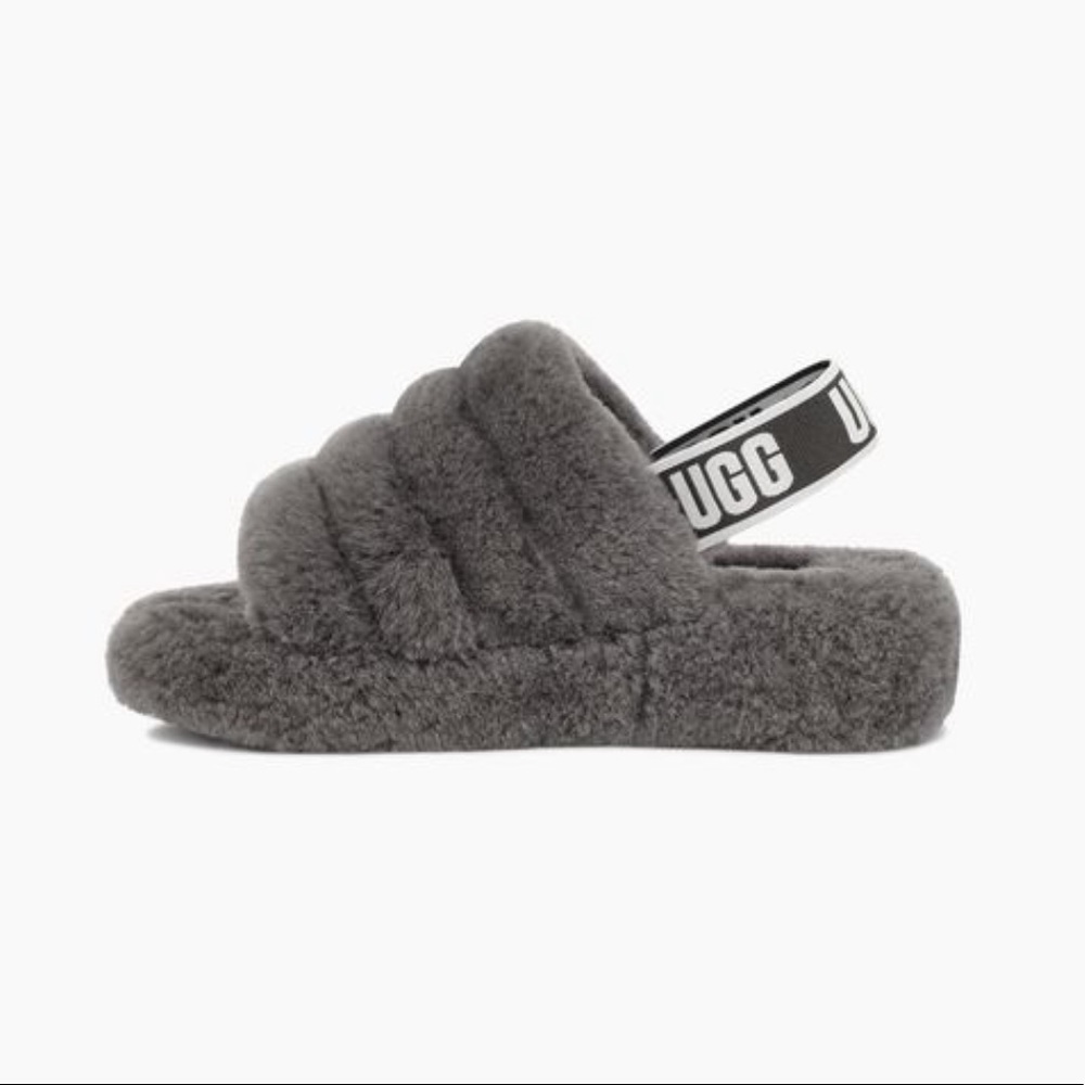 GREY UGG FLUFF YEAH SLIDE / SLIPPERS / PLATFORM SLIPPERS / CHARCOAL